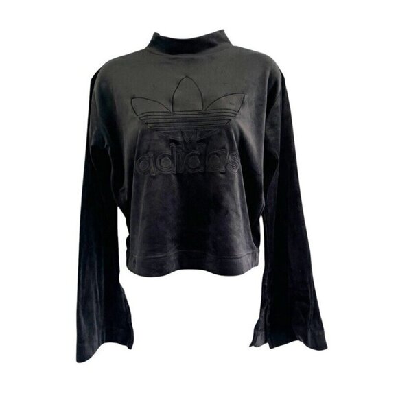 Adidas Woman's Sz M Bellista Sweater Black Velvet Trefoil Logo Flared Long Slvs - Picture 3 of 9